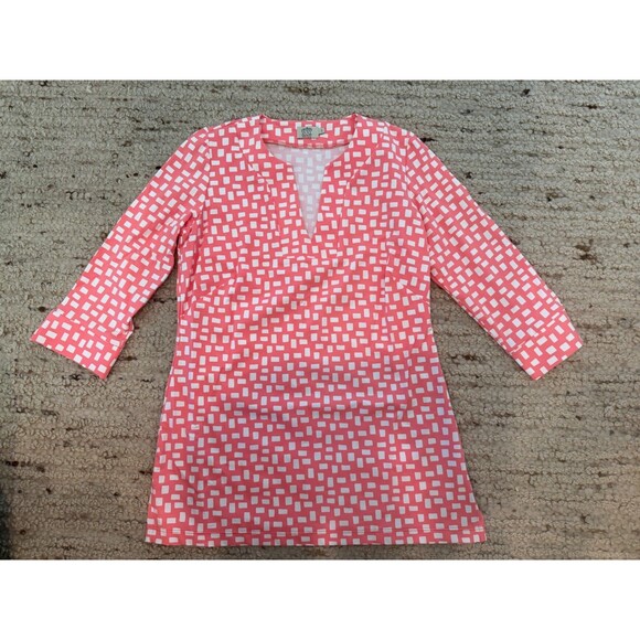 Katherine Way Tops - Katherine Way Women’s Small Coral Pink White Geometric Tunic Top 3/4 Sleeve